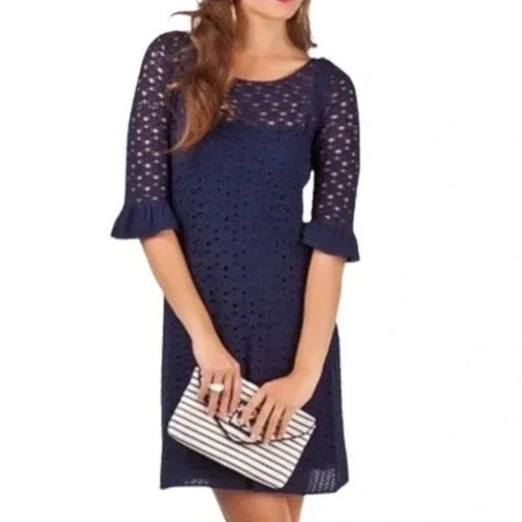 Lilly Pulitzer Navy Blue Shauna Ruffle Sleeves Crochet Dress Sz XS